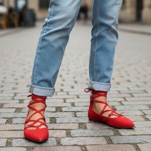 BCBGeneration Size 8.5 Red Suede Strappy Ballet Flats Back Zip NWT R $99